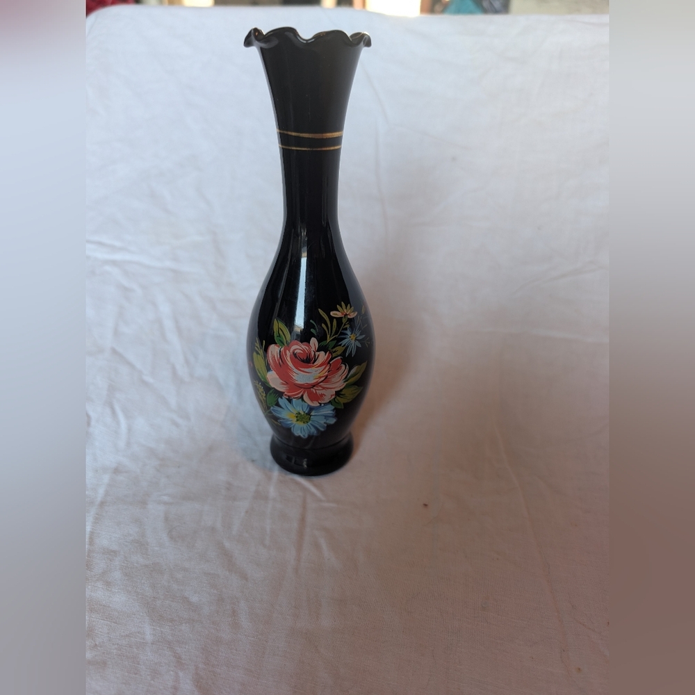 2/30$ Vintage Black Glass Bud Vase with Hand Painted Floral Design